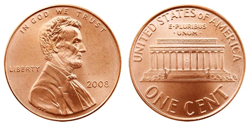 2008 Lincoln Memorial penny obverse and reverse showing the Memorial design and Lincoln portrait