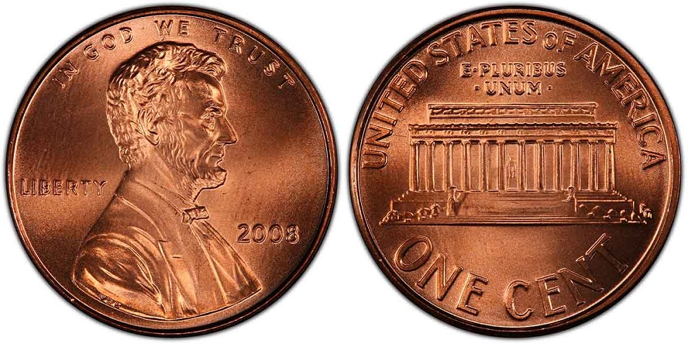 Side-by-side comparison of a normal 2008 penny versus a 2008 doubled die penny showing offset doubling in LIBERTY