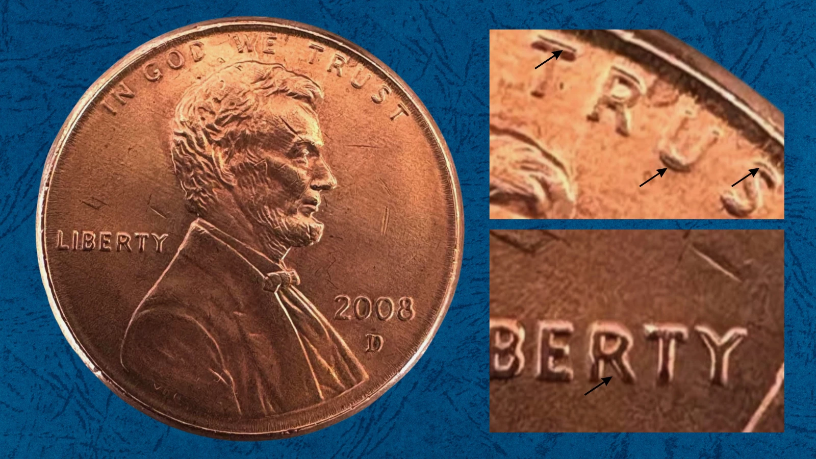 Close-up of 2008 penny doubled die error showing offset doubling in LIBERTY lettering