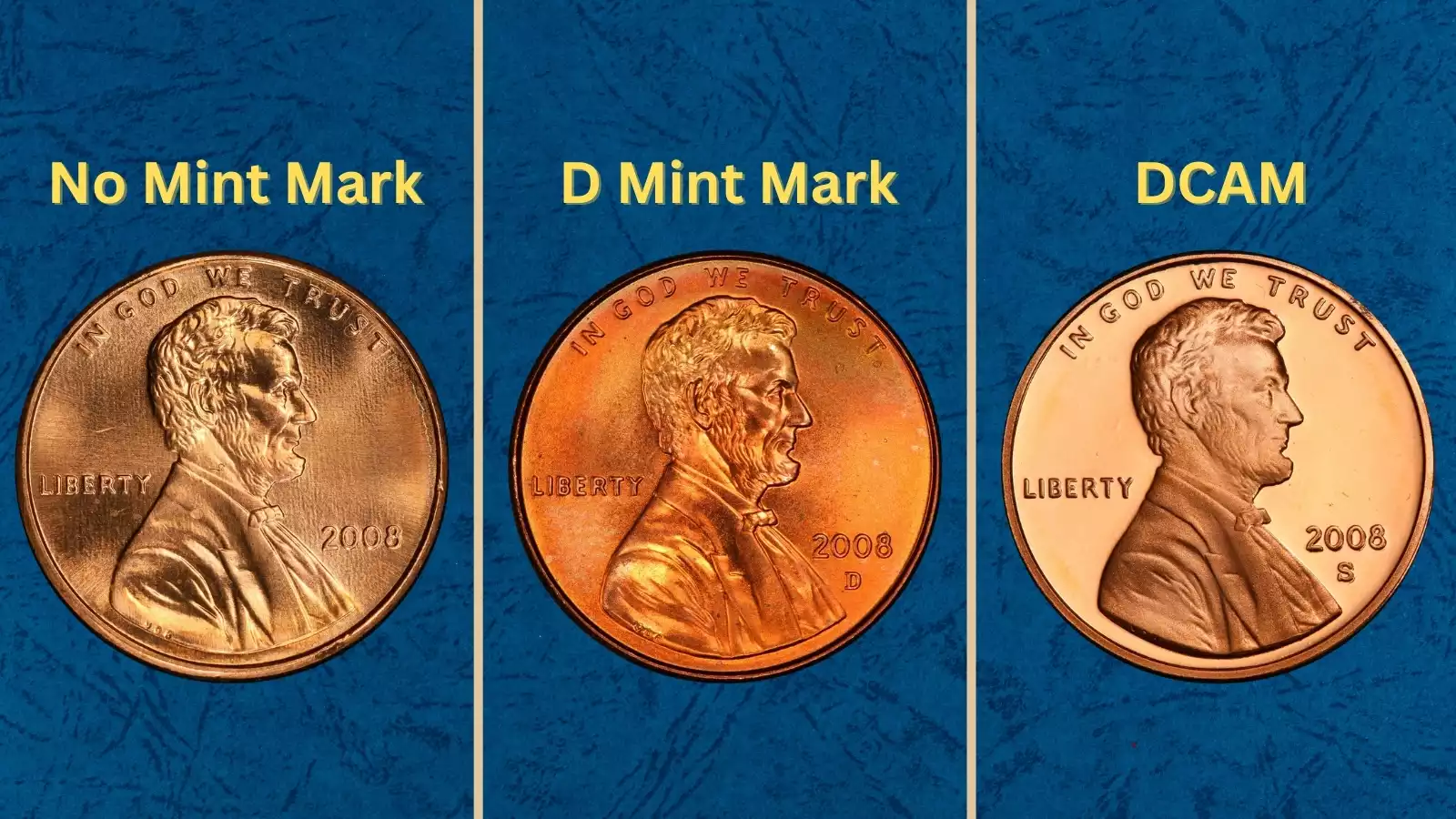 Group of 2008 Lincoln Memorial cents showing Philadelphia, Denver, proof, and satin finish varieties