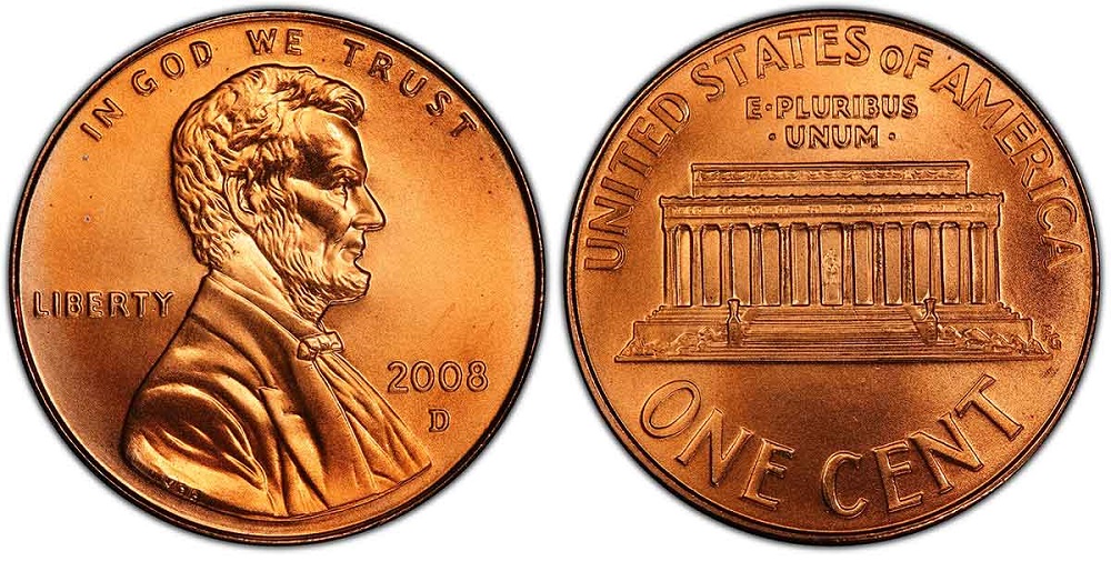 2008 Lincoln cent grading strip showing four condition tiers from worn to gem uncirculated side by side